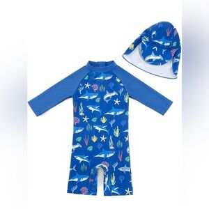 One piece infant boys bathing suit with hat. Size 6-12 months